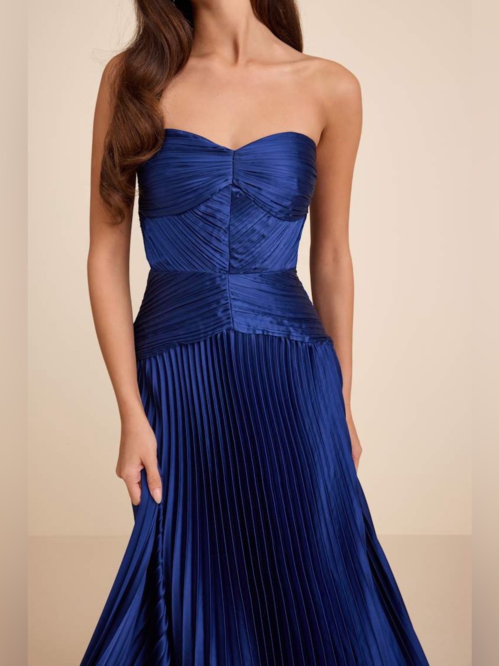 Lulus Elkay Navy Blue Pleated Satin Drop Waist Maxi Dress Size M NWT - Picture 2 of 16